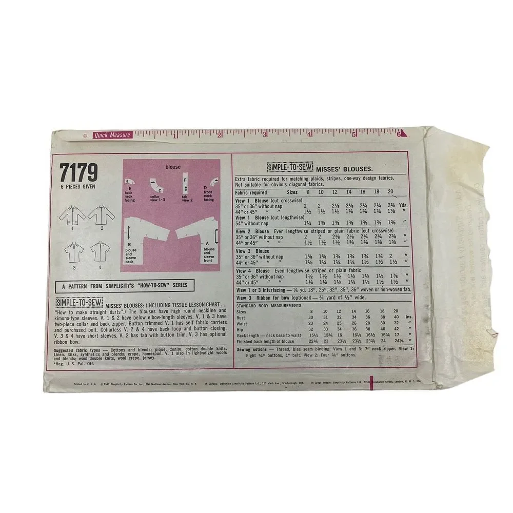 Simplicity Vintage Sewing Pattern‎ Womens 7179 Size 12 CUT Blouse w/ Collar